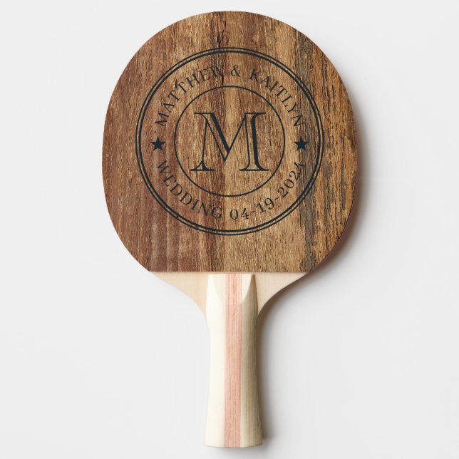 Raw Cedar Wood Wedding Monogram Star Ping Pong Paddle (Front)