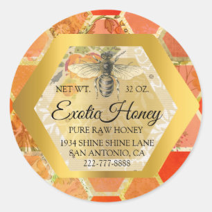 Raw Honey Jar Honeybee Honeycomb Apiary Gold Coral Classic Round Sticker