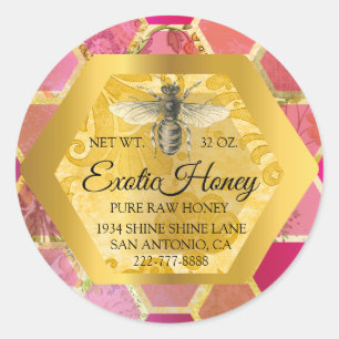 Raw Honey Jar Honeybee Honeycomb Apiary Gold Pink Classic Round Sticker