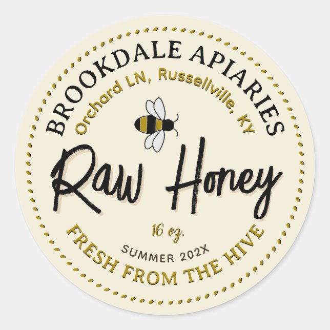 Raw Honey Label with Cute Flying Bee Yellow (Front)