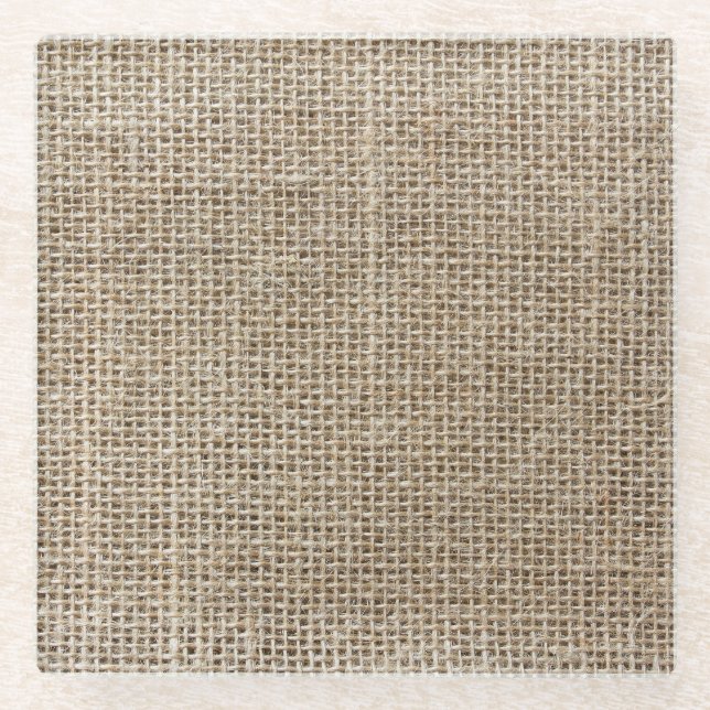 Raw Linen: Natural Textured Fabric. Glass Coaster (Front)