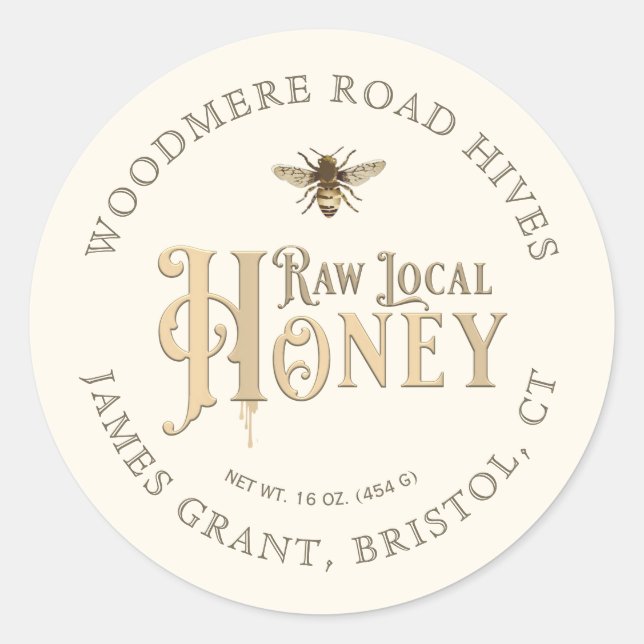 Raw Local Honey Custom Label with Bee on Ivory (Front)