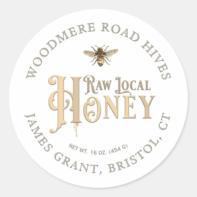 Raw Local Honey Custom Label with Bee on White (Front)