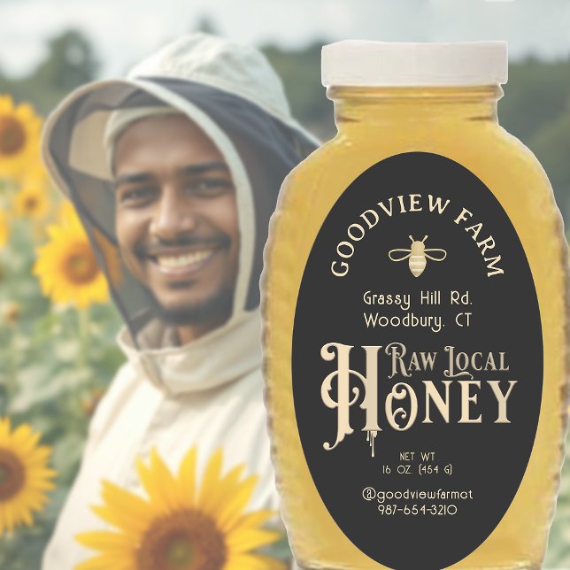 Raw Local Honey Custom Label with Bees on Black (Creator Uploaded)