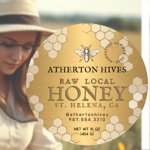 Raw Local Honey Gold Honeycomb Heraldic Bee Classic Round Sticker