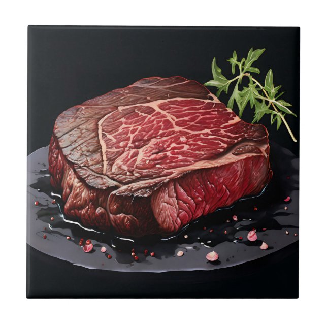 Raw Ribeye Steak Close Up Ceramic Tile (Front)