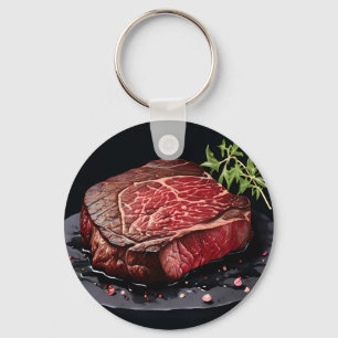 Raw Ribeye Steak Close Up Key Ring