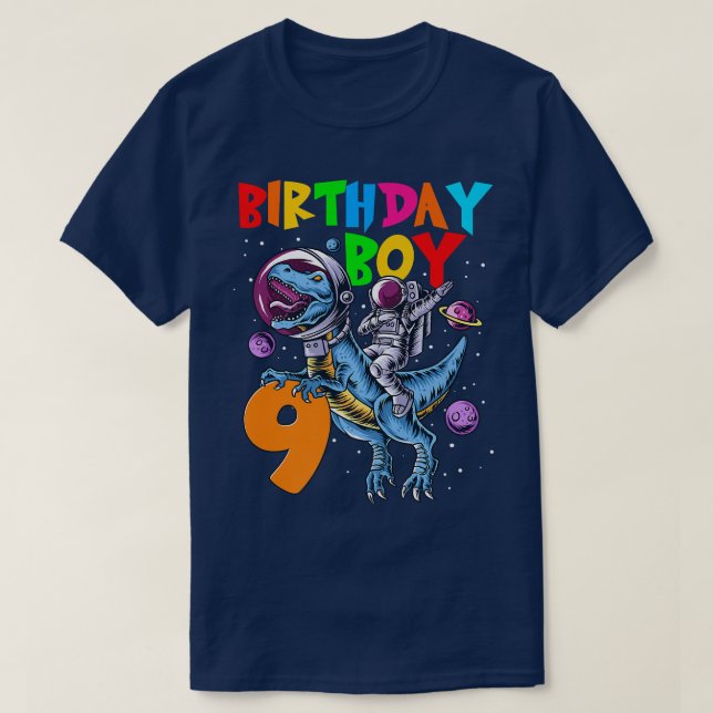 Rawr 9 Years Old Birthday Boy Astronaut Riding 9th T-Shirt (Design Front)