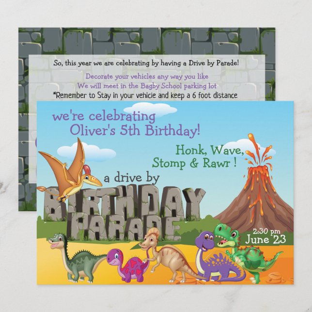 Rawr Dino DriveBy Happy Birthday Parade Invitation (Front/Back)