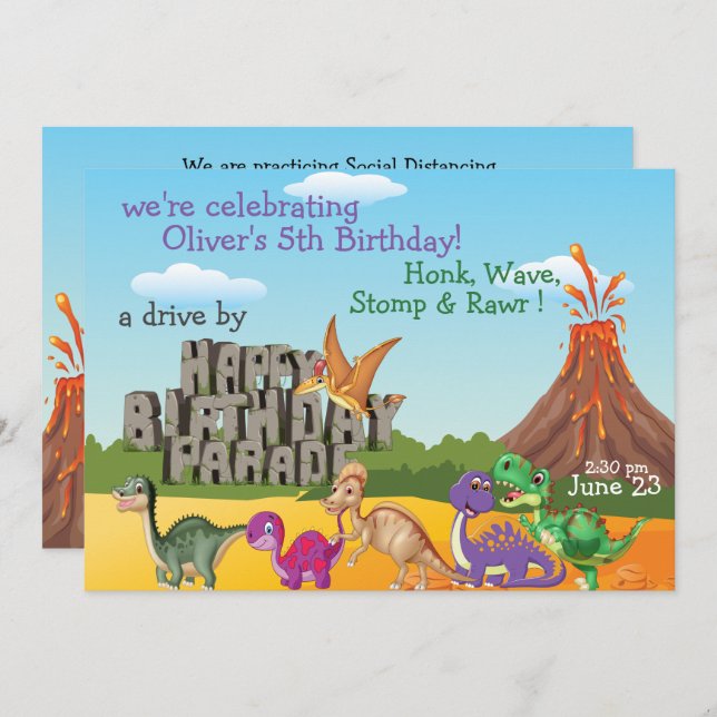 Rawr Dino DriveBy Happy Birthday Parade Invitation (Front/Back)