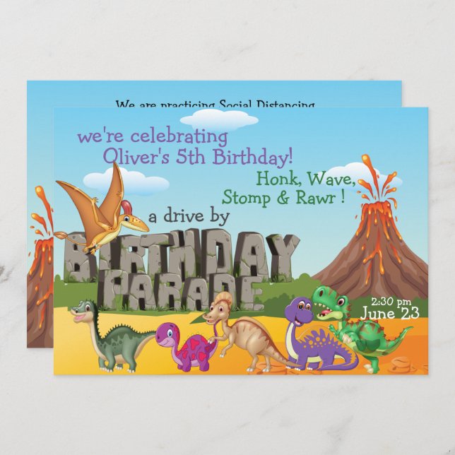 Rawr DinoDrive By Happy Birthday Parade Invitation (Front/Back)