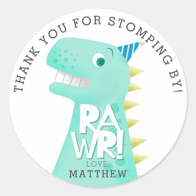 RAWR Dinosaur Birthday Party Thank You Favour Classic Round Sticker (Front)