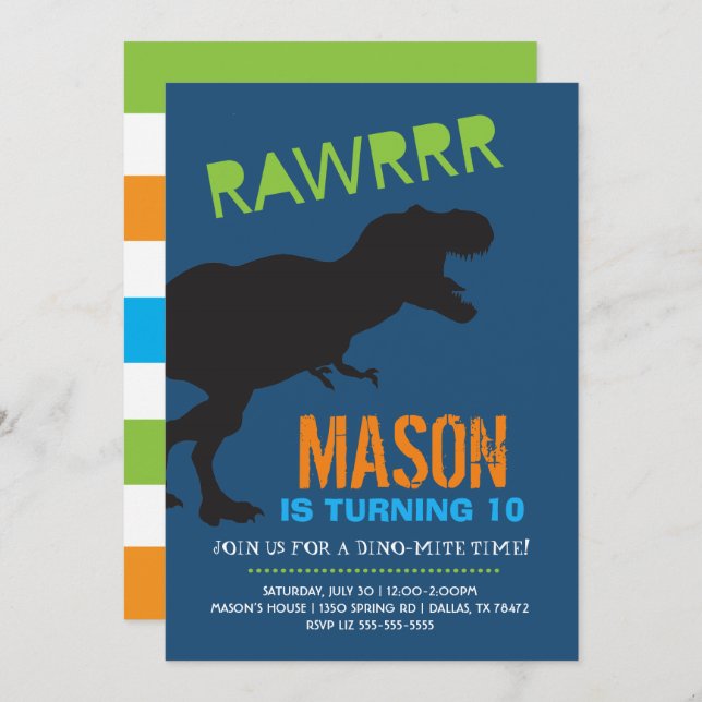 Rawr Dinosaur Boy Birthday Party Invitation (Front/Back)
