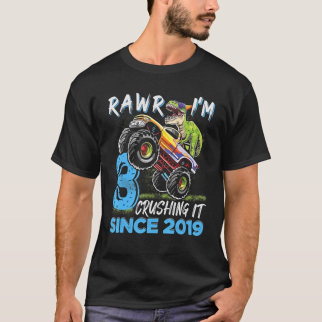 Rawr I'm 3 Monster Truck Dinosaur 3rd Birthday Par T-Shirt (Front)