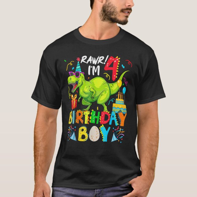 Rawr I'm 4th Birthday Boy Dinosaur Rex 4 Years Old T-Shirt (Front)
