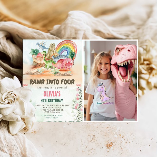 Rawr Into Four Dinosaur 4th Birthday Party Photo Invitation (Creator Uploaded)