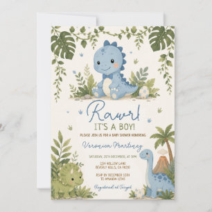 Rawr It's a Boy Cute Dinosaur Blue Bow Baby Shower Invitation