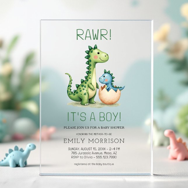 Rawr It's a Boy Dinosaur Baby Boy Shower Acrylic Invitations (Creator Uploaded)