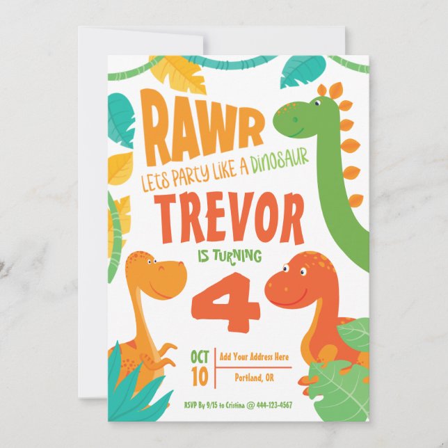 Rawr Lets Party Like a Dinosaur - Personalised Invitation (Front)