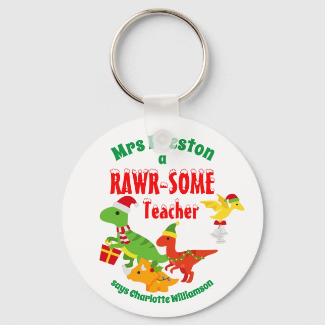 Rawr-some Teacher Dinosaur Kids White Key Ring (Front)