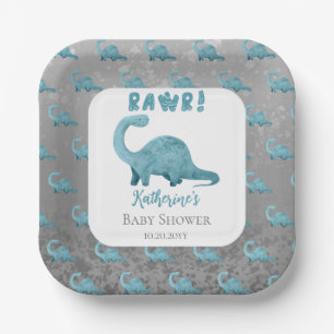 Rawr Teal Blue Dinosaur Baby Shower  Paper Plate