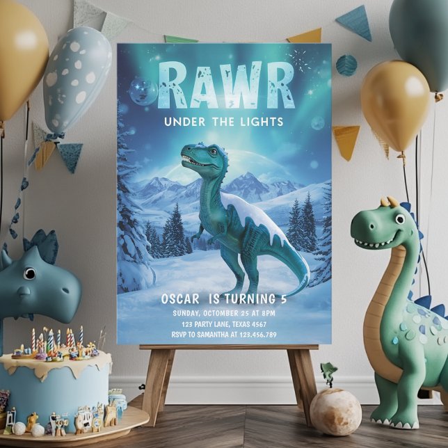 RAWR Under the Lights Dinosaur Winter Birthday  Invitation (Creator Uploaded)
