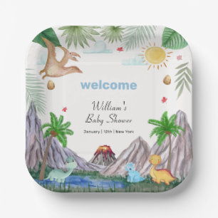 Rawr Volcano Mountain Forest Dinosaur Baby Shower Paper Plate