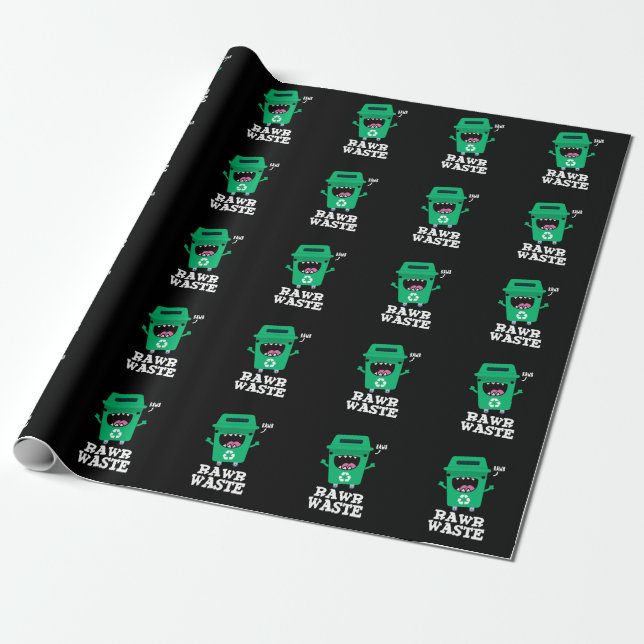 Rawr Waste Funny Garbage Trash Pun Dark BG Wrapping Paper (Unrolled)