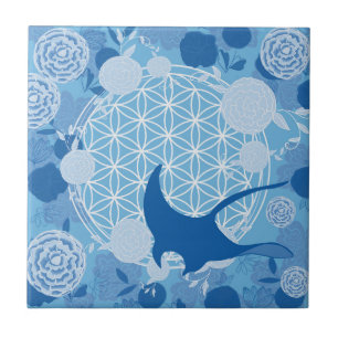 ray,flower of life, blue, mandala,zen,chakra,patte ceramic tile