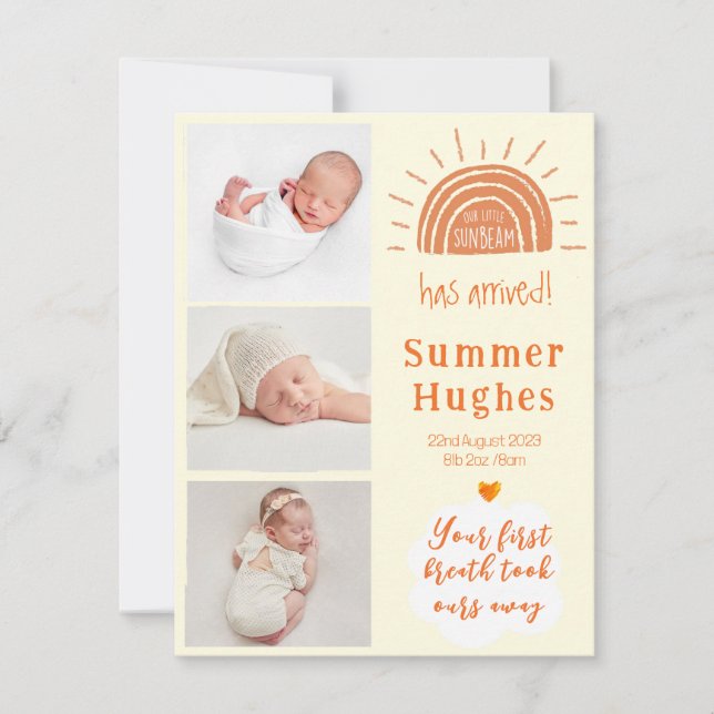 Ray of sunshine photo birth announcement card (Front)