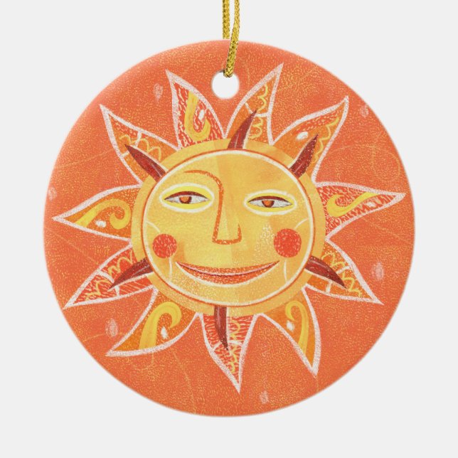 Ray Play Smiling Orange Sun Art Ceramic Ornament (Front)
