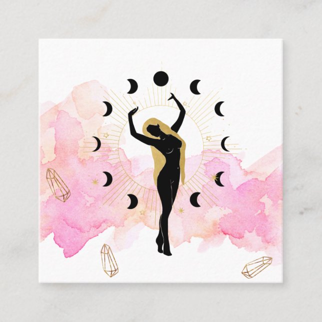 *~* Rays Crystals Cosmic Gold Black Goddess Moon Square Business Card (Front)