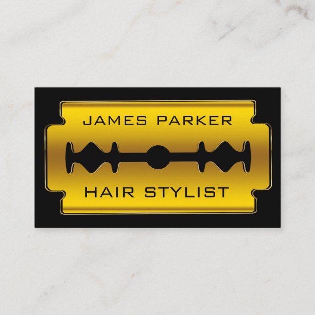 Razor Blade Gold Faux Barber Hair Stylist Business Card (Front)