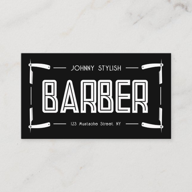 Razor frame barber style business card (Front)