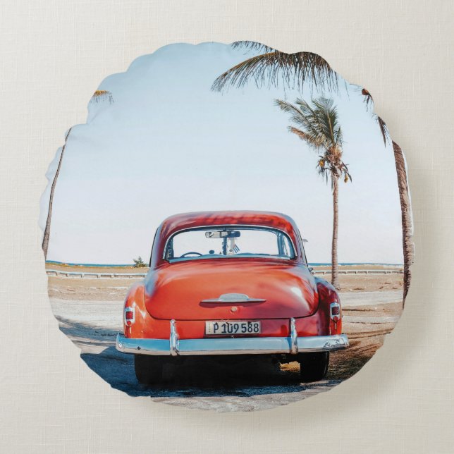 Re beetle beside coconut trees round cushion (Front)