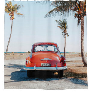 Re beetle beside coconut trees shower curtain