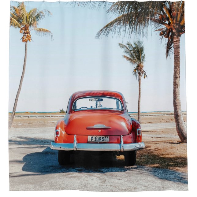 Re beetle beside coconut trees shower curtain (Front)