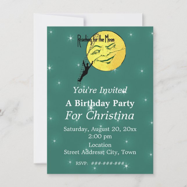 Reach for the Moon Birthday Man Ladder White Stars Invitation (Front)