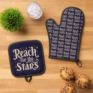 Reach for the Stars Celestial Typography Art Oven Mitt & Pot Holder Set