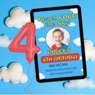 Reach FOUR the Sky, Picture Clouds 4th Birthday Invitation