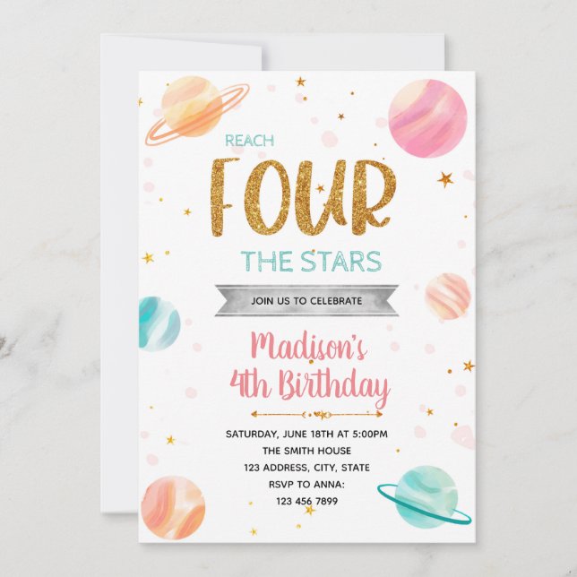 Reach FOUR the star galaxy space birthday Invitation (Front)