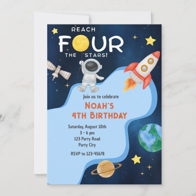 Reach Four The Stars 4th Birthday Invitation Space (Front)