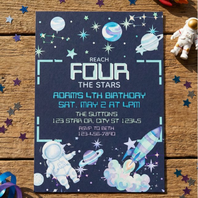 Reach Four the Stars Blue Green Space 4th Birthday Invitation (Creator Uploaded)