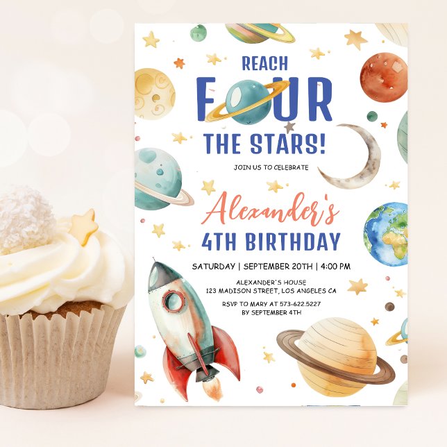 Reach Four The Stars Boy Galaxy 4th Birthday Party Invitation (Creator Uploaded)