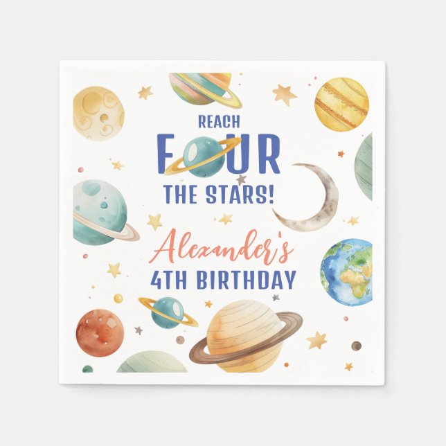Reach Four The Stars Boy Galaxy 4th Birthday Party Napkin (Front)