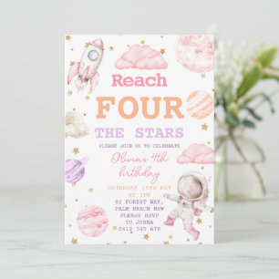 Reach Four The Stars Girl Space 4th Birthday Invitation