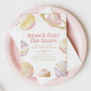 Reach Four the Stars Pink Gold Space Birthday Invitation