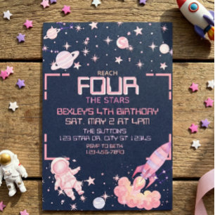 Reach Four the Stars Pink Space 4th Birthday Invitation