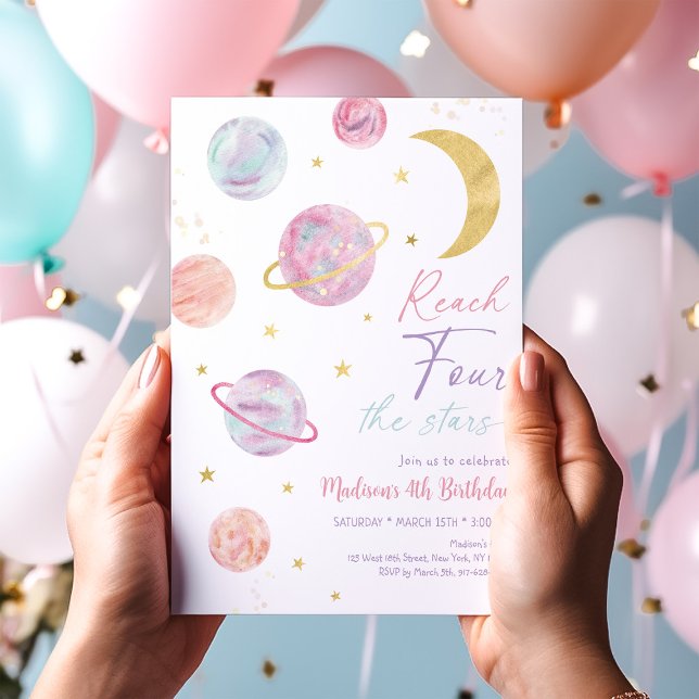 Reach FOUR the Stars Pink Space Birthday Invitation (Creator Uploaded)