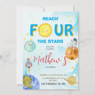 Reach Four The Stars Watercolor Space 4TH Birthday Invitation